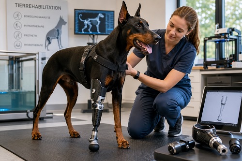 Hund mit moderner Prothese in tiermedizinischer Behandlung